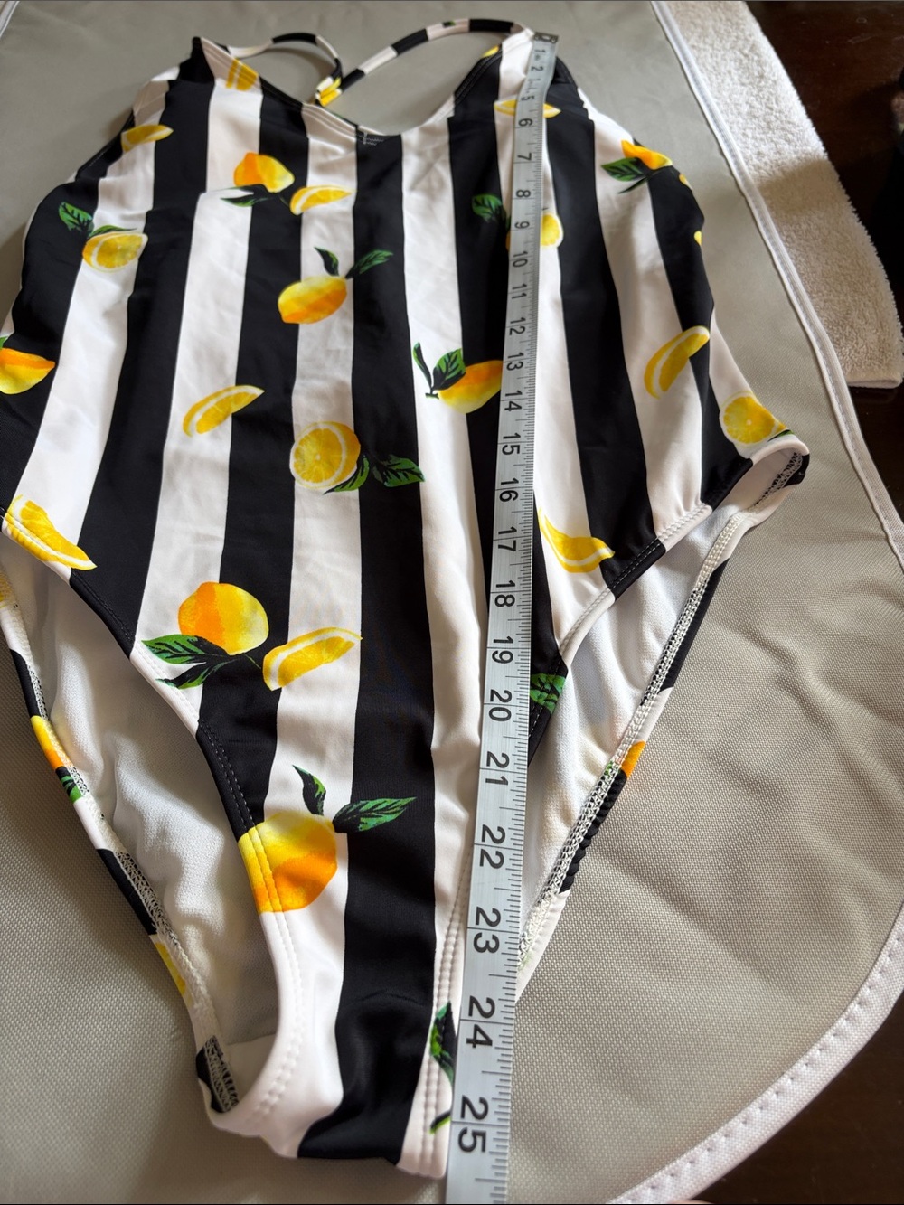 No Boundaries Black & White Striped One-Piece Swimsuit with Yellow Lemon Print - Picture 9 of 10